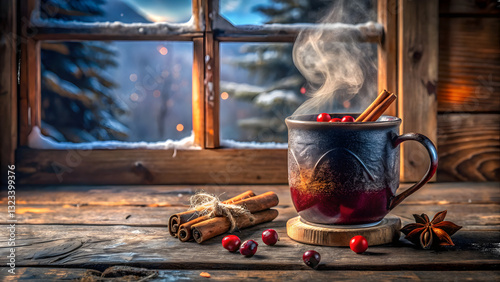 Red Fruit Mulled Wine in Ceramic Cup on Wooden Windowsill 