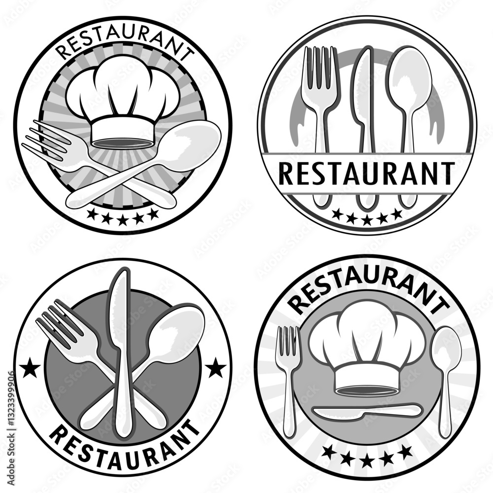 set of restuarant logo wtih spoon,fork,dish,chef hat. set of restuarant logo wtih spoon,fork,dish,chef hat.