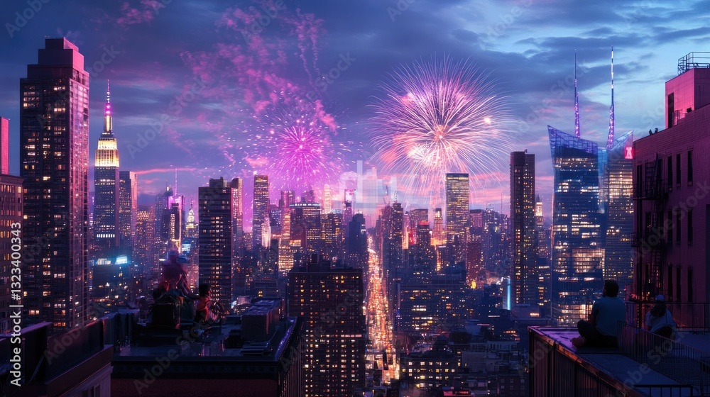 Obraz premium Vibrant City Skyline with Fireworks Display Over Buildings at Night