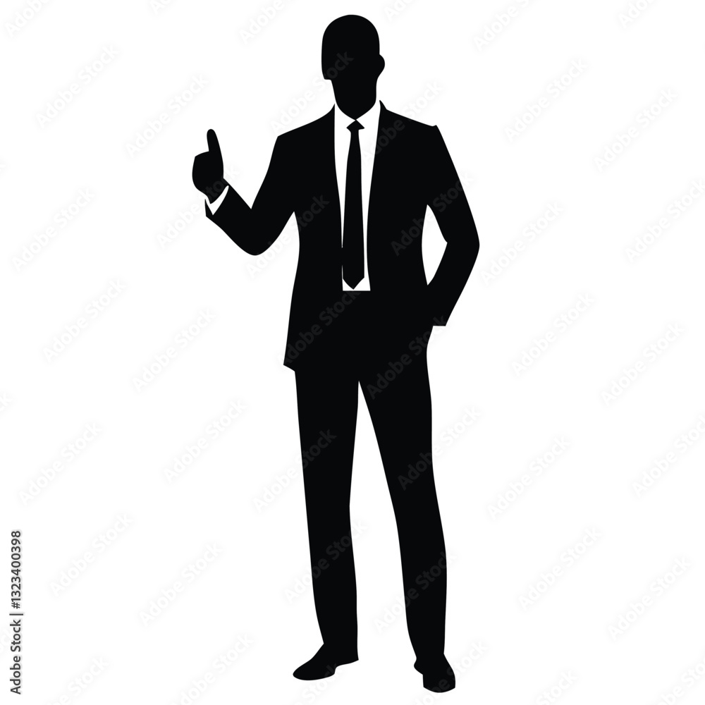 A silhouette of a man in a formal business suit, standing confidently with one hand on his hip and the other giving a thumbs-up A silhouette of a man in a formal business suit, standing confidently with one hand on his hip and the other giving a thumbs-up