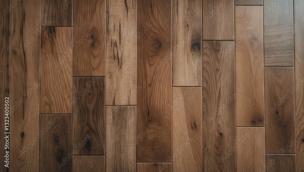Fototapeta premium Brown laminate wood parquet flooring texture with varied plank sizes and grain patterns positioned diagonally across the image background.