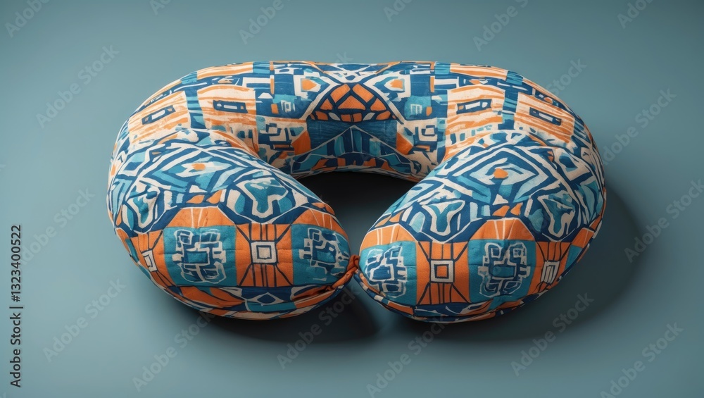 Geometric patterned neck pillow in blue and orange tones, positioned centrally on a teal background showcasing 3D rendering details. Geometric patterned neck pillow in blue and orange tones, positioned centrally on a teal background showcasing 3D rendering details.