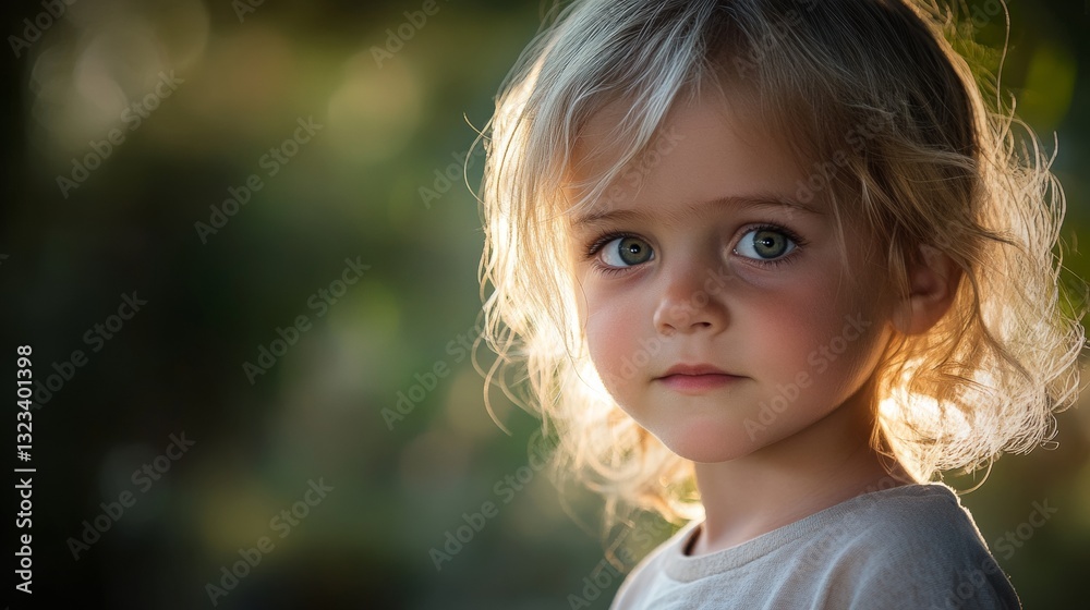 Adorable Child Portrait in Forest Setting, Head and Shoulders View, Soft Natural Light Filtering Through Trees with Blurred Green Backdrop. Adorable Child Portrait in Forest Setting, Head and Shoulders View, Soft Natural Light Filtering Through Trees with Blurred Green Backdrop.