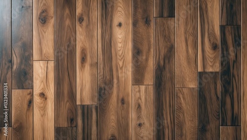 Dark brown laminate parquet flooring texture with a glossy finish, showcasing varying wood grain patterns and rectangular planks arranged seamlessly.