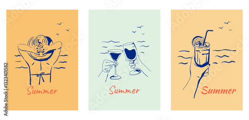 Summer posters, backgrounds, cards. A hand drawn girl in a hat and swimsuit on the beach, hands with fruit drinks and glasses of wine, the sea and seagulls. A set of vectors for summer design.