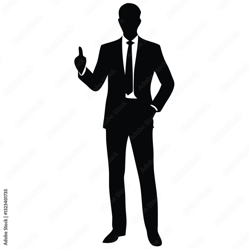 A silhouette of a man in a formal business suit, standing confidently with one hand on his hip and the other giving a thumbs-up A silhouette of a man in a formal business suit, standing confidently with one hand on his hip and the other giving a thumbs-up