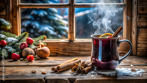 Christmas Mulled Wine with Orange Slice and Holiday Decorations 