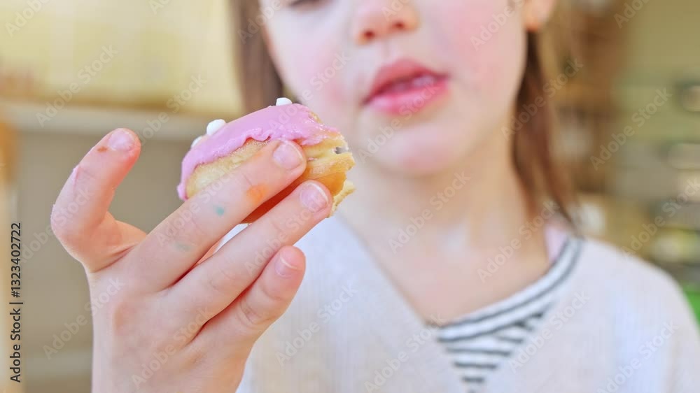 cute girl in cafe pastry eating a pretzel with sunflower seeds or a pink donut. happy smiling kid preschool child enjoy desert.blonde smiling little woman with pigtails sitting on chair.