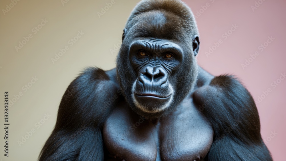 Obraz premium Majestic gorilla portrait against soft pastel background with shades of peach and lavender highlighting its powerful physique and expressive gaze.