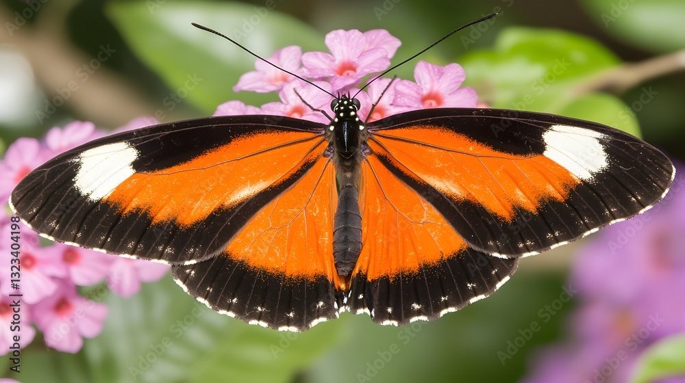 Vibrant Orange and Black Butterfly Perched on Pink Flowers in Lush Green Garden Setting Vibrant Orange and Black Butterfly Perched on Pink Flowers in Lush Green Garden Setting
