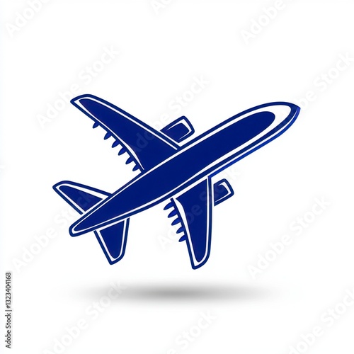 Blue airplane icon on white background, simple design, shadow below.