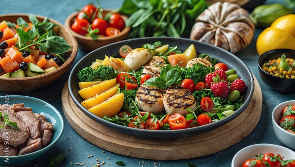 Vibrant gourmet platter featuring grilled chicken and fresh vegetables on a dark plate with colorful fruits and greens in a bright kitchen setting Vibrant gourmet platter featuring grilled chicken and fresh vegetables on a dark plate with colorful fruits and greens in a bright kitchen setting
