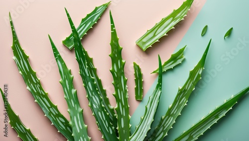 Vibrant green aloe vera plant with elongated spiky leaves arranged on pastel pink and mint green background showcasing freshness and natural beauty