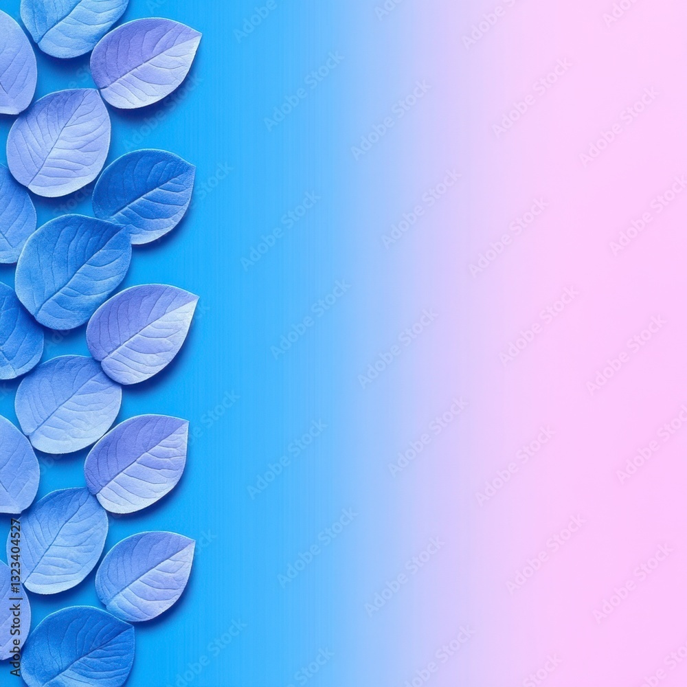 Obraz premium Blue and pink gradient background with a vertical line of small, textured blue leaves. Minimalist and elegant design.
