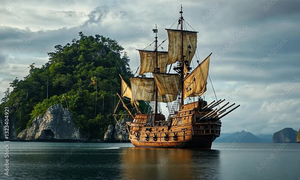 Majestic wooden pirate ship sailing calmly in serene waters near lush green island under cloudy sky
