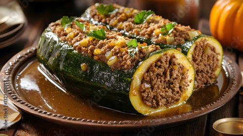 Gourmet Stuffed Zucchini with Savory Meat Filling and Fresh Herbs on a Rustic Wooden Table