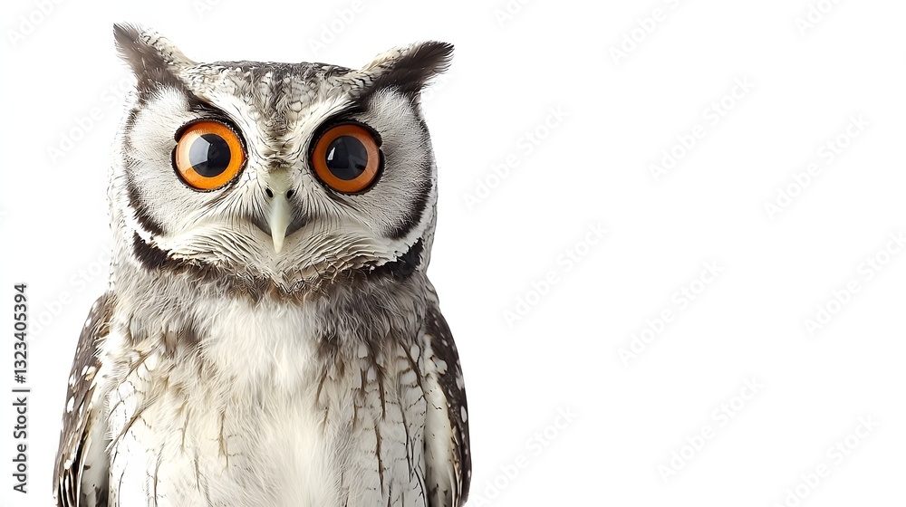 Fototapeta premium Close-Up Portrait of an Adorable Owl with Striking Orange Eyes Against a White Background