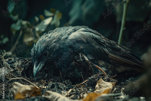 A black bird perched on top of a pile of dirt