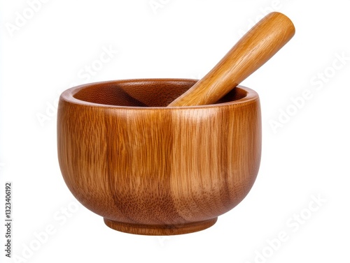 Wooden mortar and pestle on white background. Rich brown tones, smooth texture.  Simple kitchen tool.