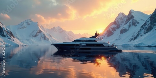 Luxury Yacht Sailing Majestically Through a Serene, Snow-Capped Mountain Fjord at Sunset