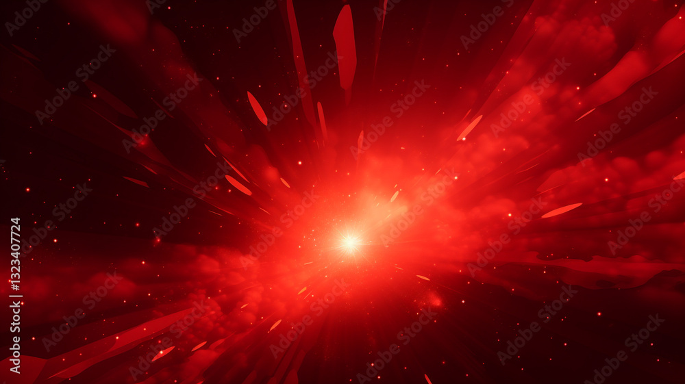 Fototapeta premium Red cosmic explosion with glowing light and scattered particles in deep space