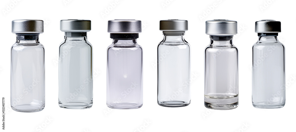 Set of empty glass vials with metal caps isolated on transparent background Set of empty glass vials with metal caps isolated on transparent background
