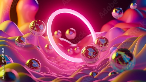 3d render abstract background with colorful geometric shapes iridescent holographic objects with pink neon ring