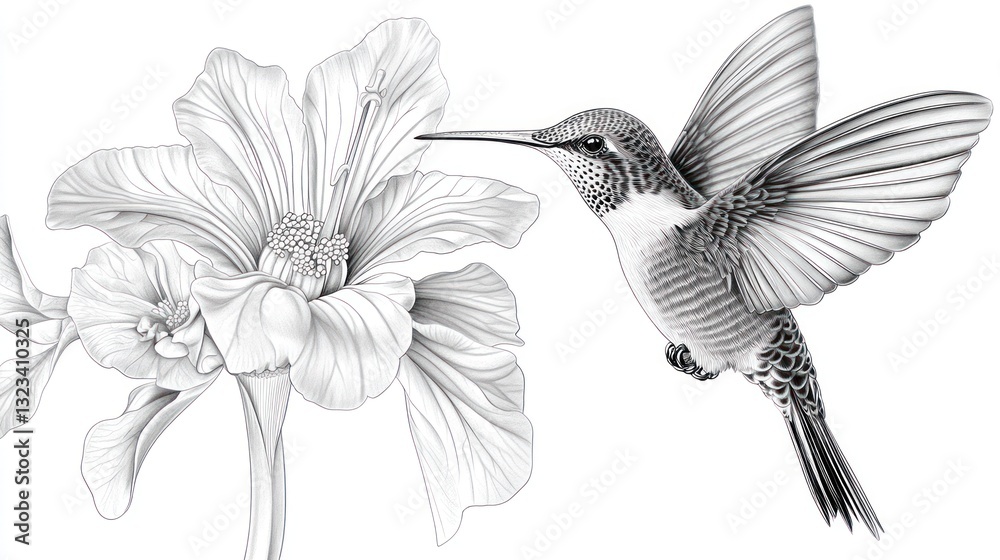 Obraz premium Hummingbird feeding on hibiscus flower, white background, nature art (1)