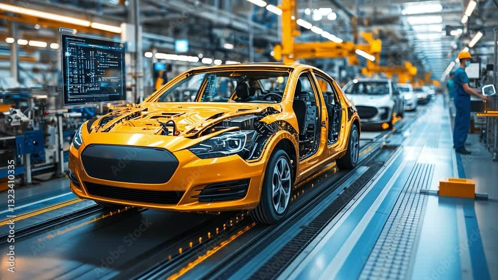 Yellow Car Assembly Line Exploring Advanced Manufacturing Technology in Modern Factory Environment Yellow Car Assembly Line Exploring Advanced Manufacturing Technology in Modern Factory Environment