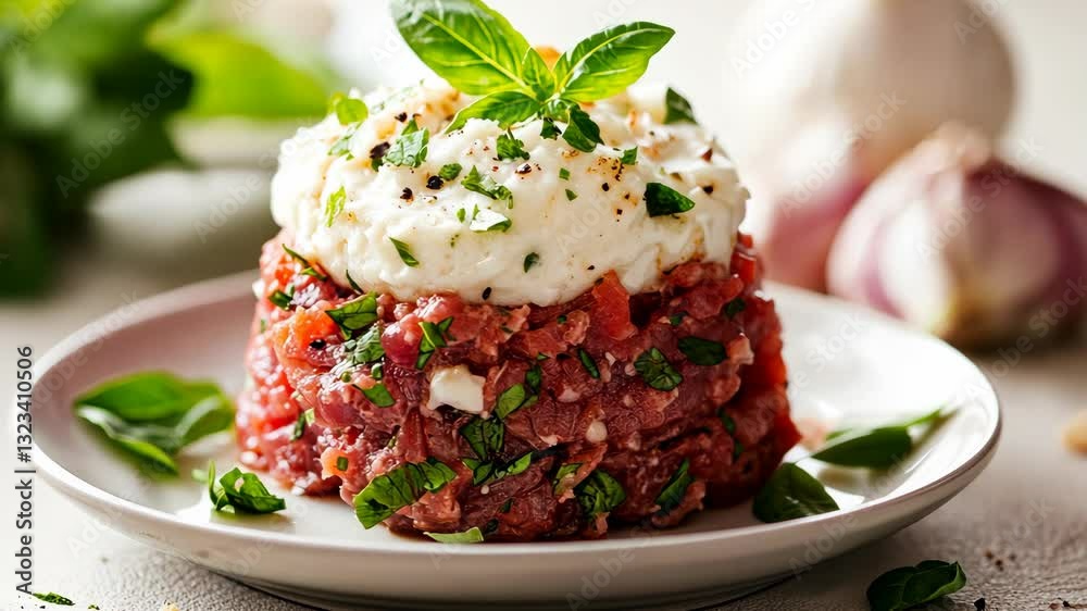 Fresh beef tartare served on a plate with creamy cheese and basil garnish