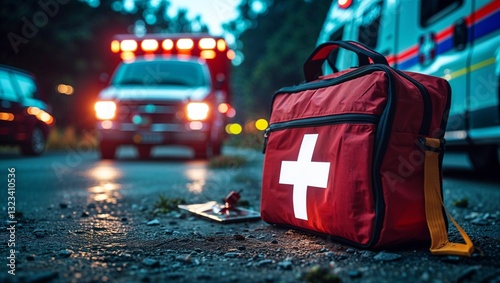  First aid kit against ambulance background, symbolizing emergency care, health, and safety