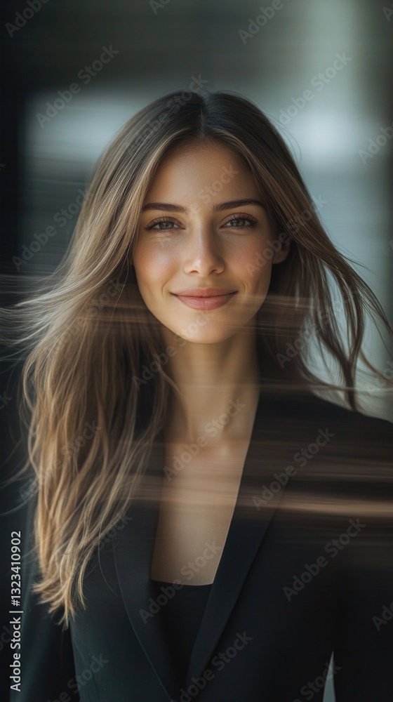 Obraz premium A woman with long hair and a black jacket, standing in a pose