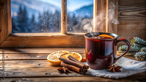 Hot Berry Mulled Wine in Artisanal Pottery by Frosted Glass 