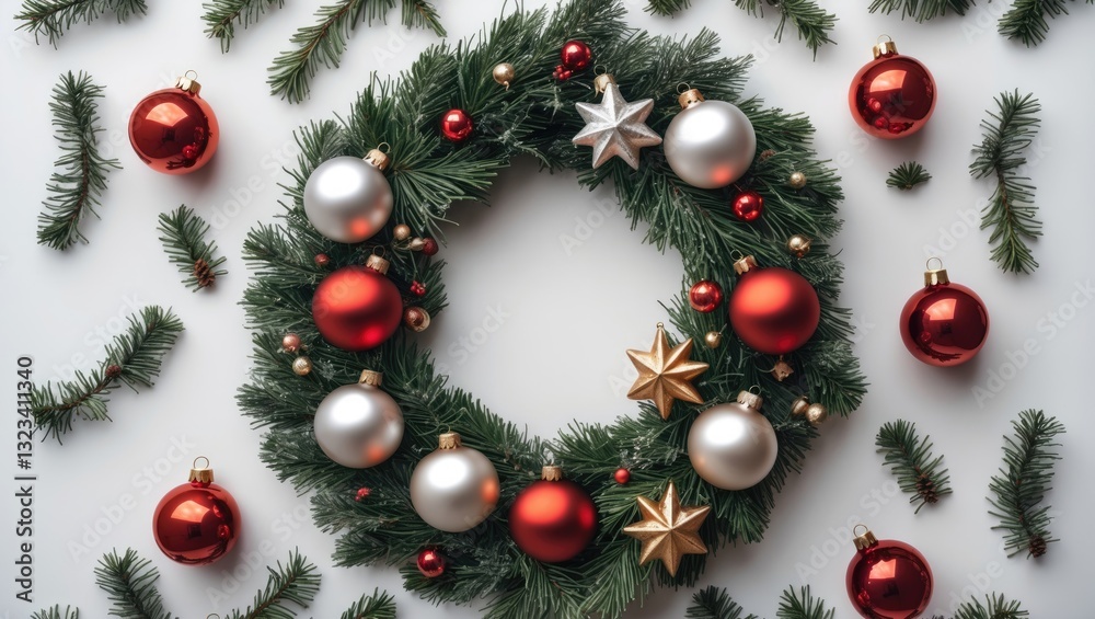 Rustic Christmas wreath adorned with red and silver ornaments positioned centrally on a white background with scattered pine branches and copy space Rustic Christmas wreath adorned with red and silver ornaments positioned centrally on a white background with scattered pine branches and copy space