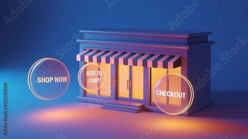 3d illustration of shopping store and icons online shopping concept on blue background design for web site banner business presentation