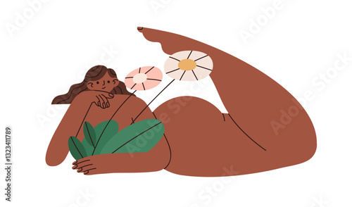 Black woman lying with flowers. Nude plus-size female with naked chubby body....
