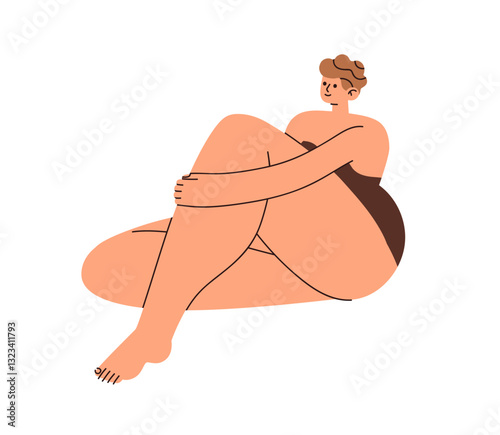 Woman sitting in swimsuit. Plus-size chubby female in swimwear, in seated relaxed pose. Sensual girl with curvy figure, feminine body shape. Flat vector illustration isolated on white background