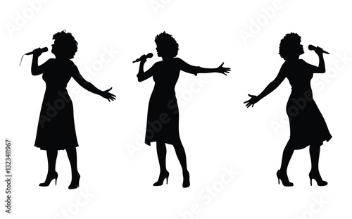 Silhouettes of a Singing Woman with Microphone in Various Poses

