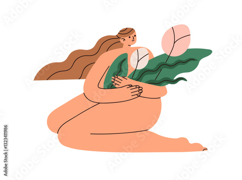 Woman sitting with flower plants. Nude naked plus-size female character holding tulips. Body positivity, self-acceptance, natural beauty concept. Flat vector illustration isolated on white background