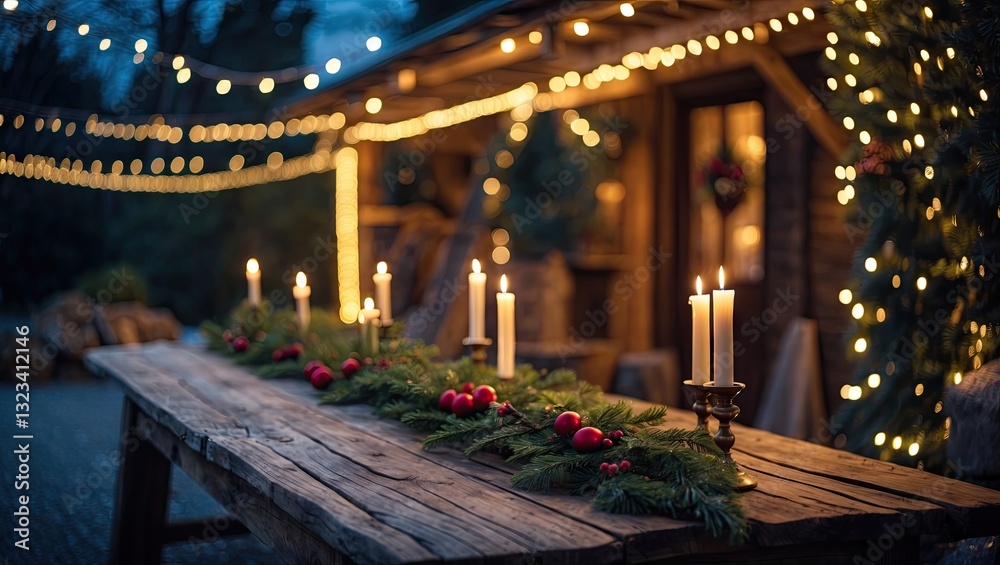 Obraz premium Rustic wooden table adorned with candles and greenery in foreground, vibrant Christmas lights illuminating cozy evening atmosphere in background