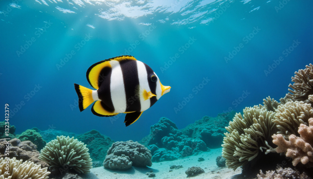 Obraz premium Vibrant Moorish idol fish swimming gracefully in crystal-clear tropical reef