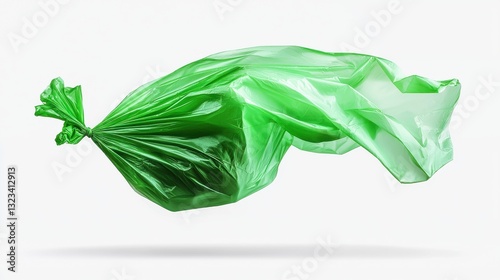 Green plastic bag floating in air representing the concept of eco friendly and sustainable solutions for reducing waste and environmental impact The image symbolizes the importance of recycling