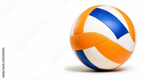Close Up Of Wet Volleyball With Orange And Blue Panels, Generative AI.