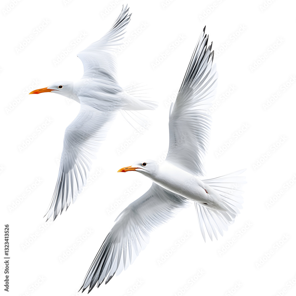 Obraz premium Seagulls in Flight, Elegant White Birds Soaring Against Bright Sky , Seagulls png transparent background