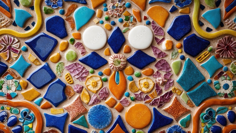 Vibrant mosaic tile design featuring blue, orange, yellow, and green colors arranged in intricate patterns with smooth white ceramic accents.