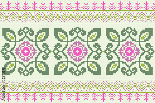Obraz na płótnie Ethnic abstract pixel art seamless pattern.Geometric ethnic oriental embroidery style.Aztec style.Design for texture,fabric,cloting,carpet,knitewar,curtains,wrapping,batik,scarf,vector,illustration w salonie