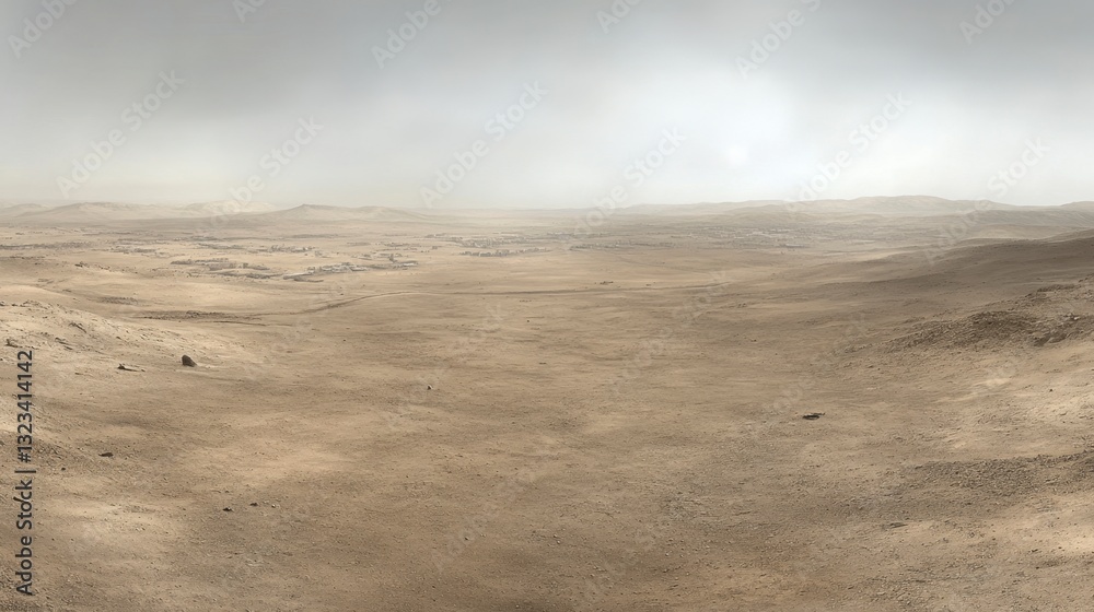 Fototapeta premium Expansive desert landscape under a hazy sky, showing subtle texture variations in the sand and distant, low lying hills. The overall palette is muted beige and brown.