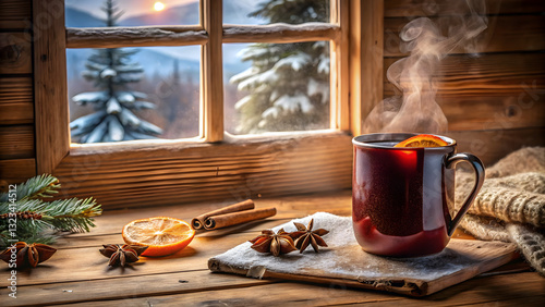 Mulled Wine in Glass Mug with Cinnamon and Festive Lights 