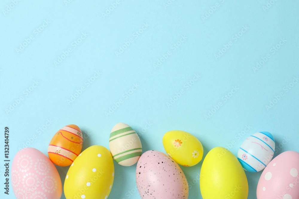 Fototapeta premium Happy Easter. Colorful eggs on color background, space for text or advertising