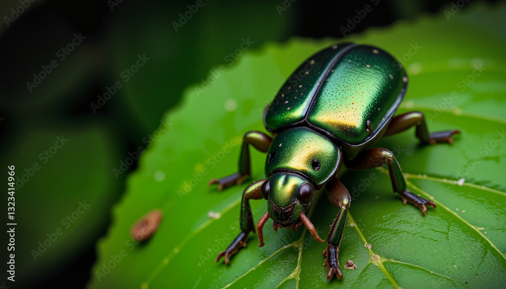 Naklejka premium Close-up of a shiny metallic green beetle resting on a vibrant green leaf in soft natural light
